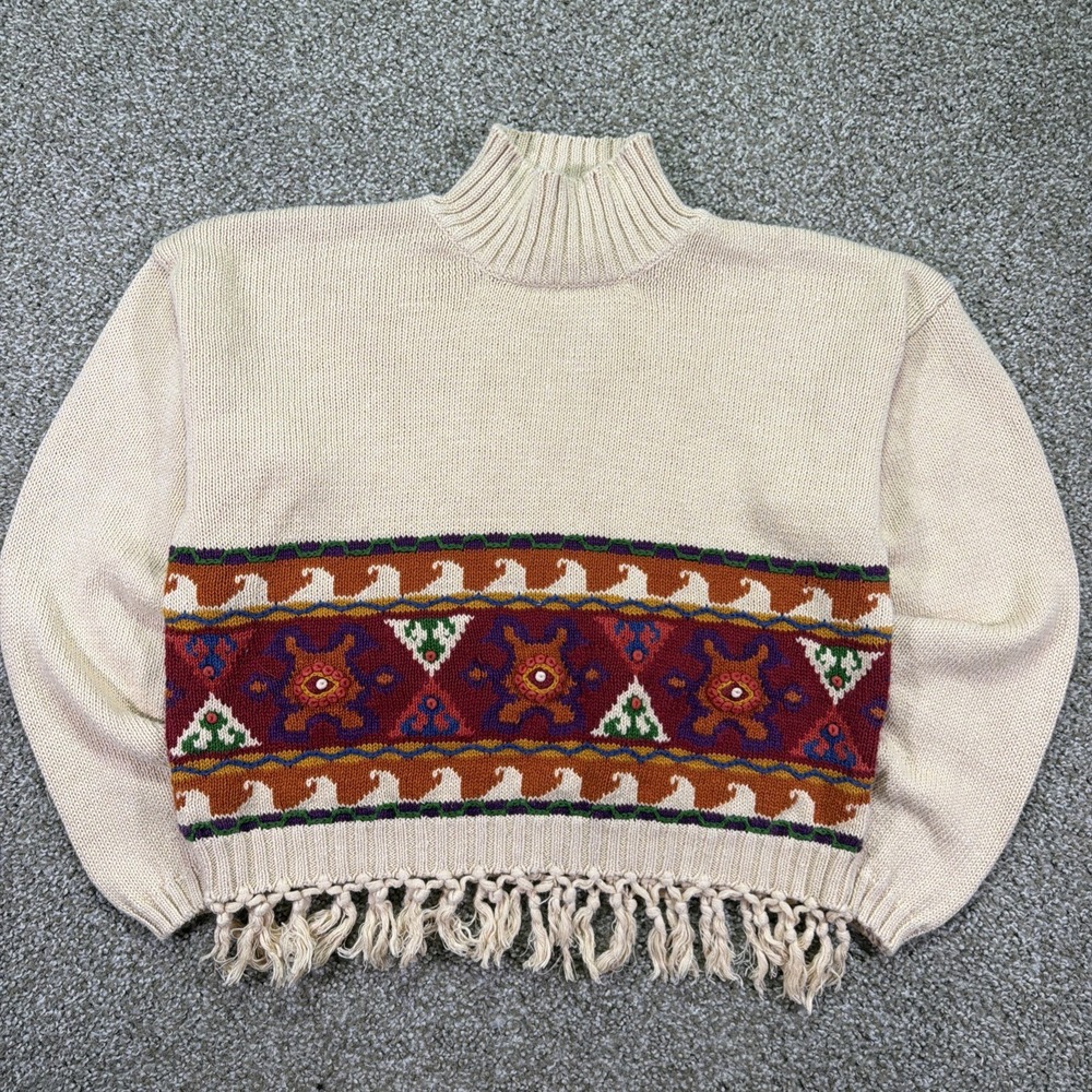 Vintage Southwest Aztec Fringe Eagle Eye Turtle Neck Sweater 1994 Classic